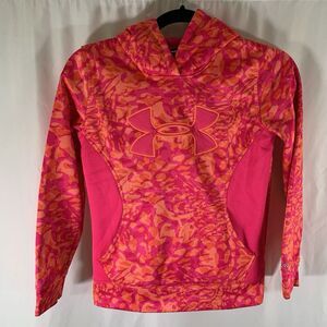 Under Armour Hoodie Girls Youth Medium Pink Orange Camo Pockets Pullover